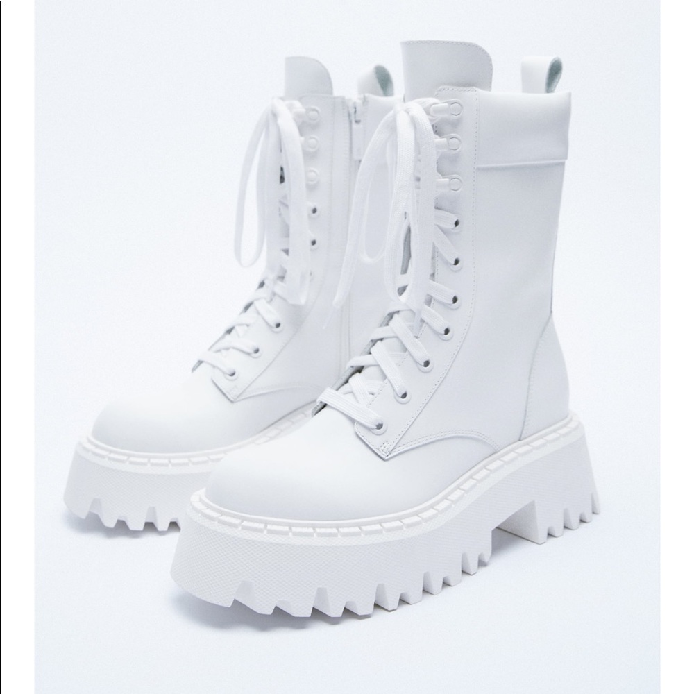 New Zara White LUG SOLE LACE-UP LEATHER ANKLE BOOTS size US 6.5